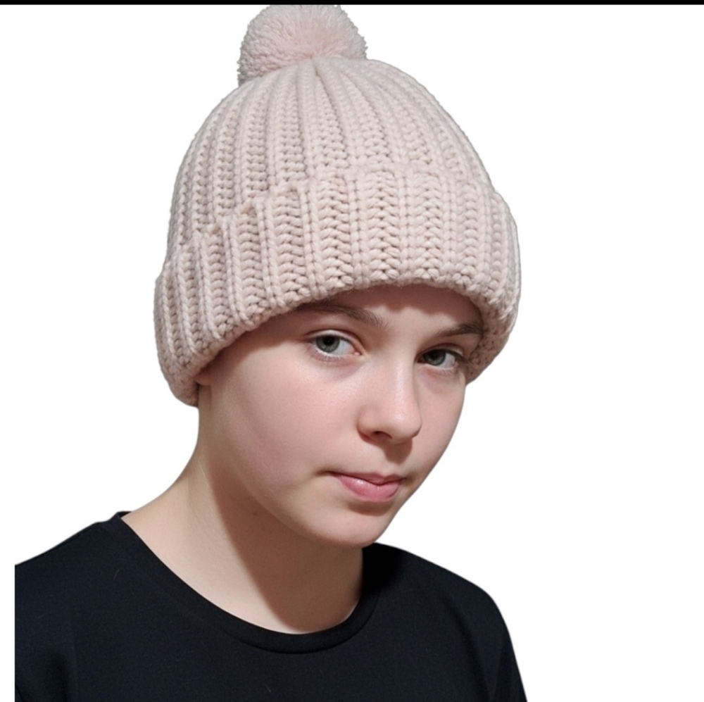 Pink Knit Beanie with Pom Pom For Woman